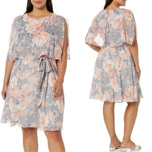 Jessica Howard Lurex Chiffon Mini Cape Dress Floral Metallic Threads Fit & Flare